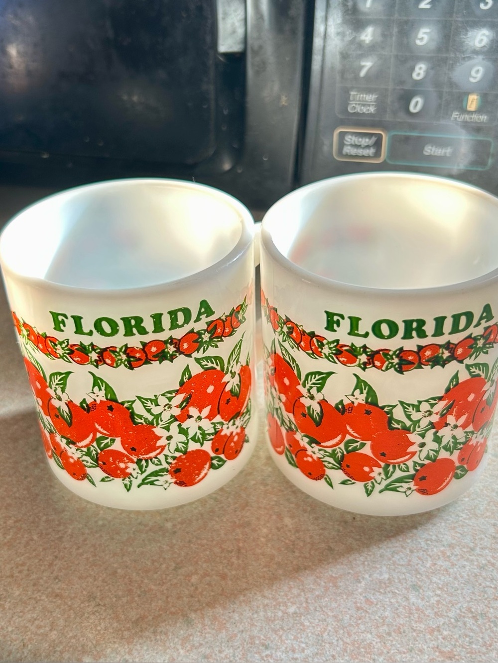 Florida Orange Pattern White Milk Glass Mugs - Set of 2 Vintage Glasbake